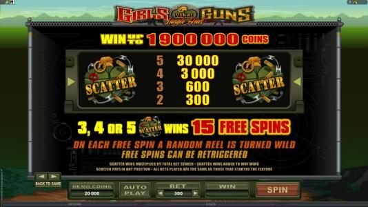 three or more scatter symbole triggers 15 free spins. On each frre spin a random reel is turned wild and free spins can be retriggered