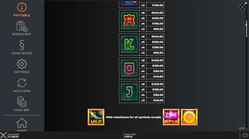 Low Value Symbols Paytable