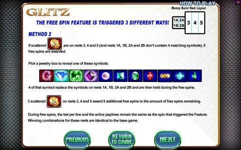 The free spin feature is triggered 3 different ways! Method 2 Rules.