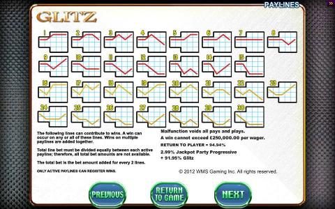 Payline diagrams 1 to 30 and game rules.