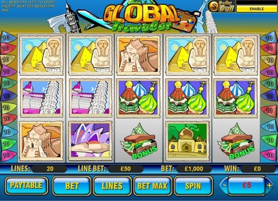 A travel adventure themed main game board featuring five reels and 10 paylines with a $1,500,000 max payout