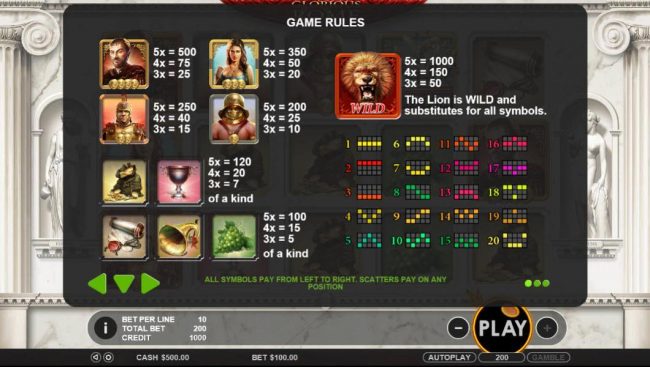 Slot game symbols paytable and Payline Diagrams 1-20. All symbols pay from left to right. Scatters pay on any position.