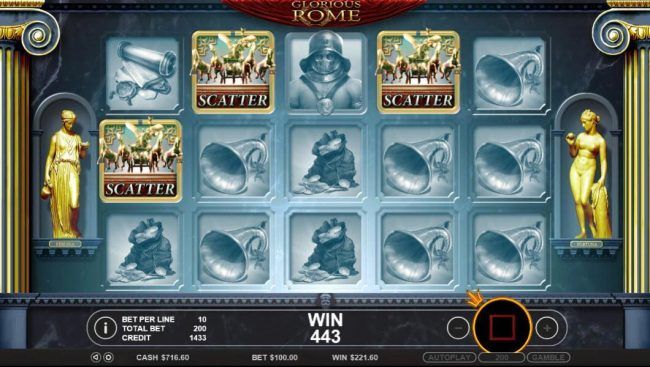 Three quadriga scatter symbols anywhere on the reels triggers the free spins feature.