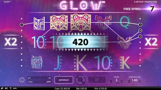 A 420 coin big win triggered by multiple winning pay lines during the free spins feature.