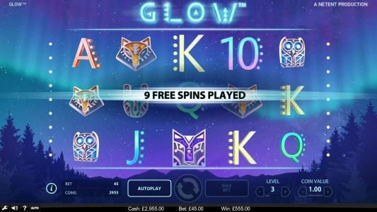 9 Free Free Spins played and a 555.00 big win awarded.
