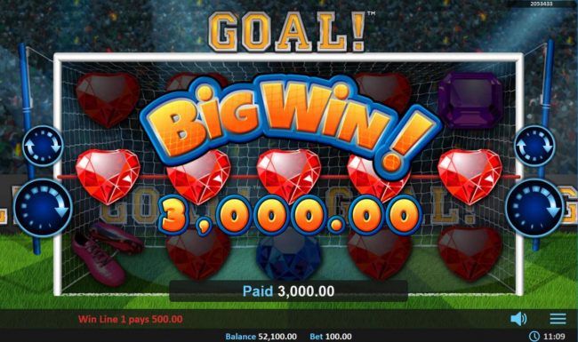 Goal feature triggers a 3000 coin jackpot win