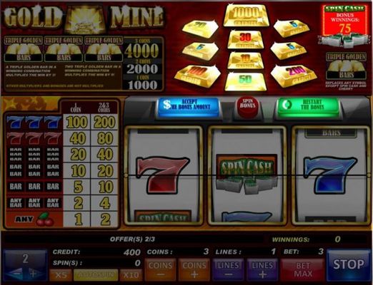 Press the Spins button to start the bonus feature. The gold bars at the top of the screen will begin to flash and award a credit prize. You can accet the prize or try again for a larger prize.
