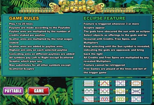 General Game Rules, Eclipse Feature and Payline Diagrams 1-25.