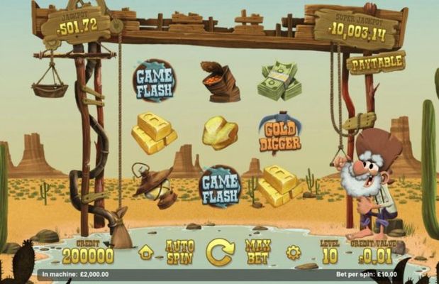 A gold prospecting themed main game board featuring three reels and 8 paylines with a progressive jackpot max payout