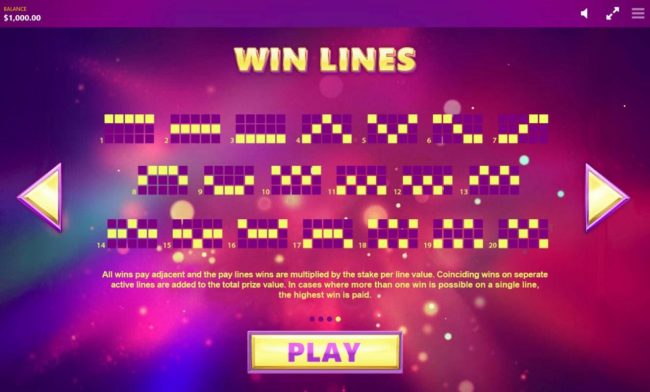 Payline Diagrams 1-20. All wins are paid when a symbol matches a payline pattern from the leftmost side of the reels.