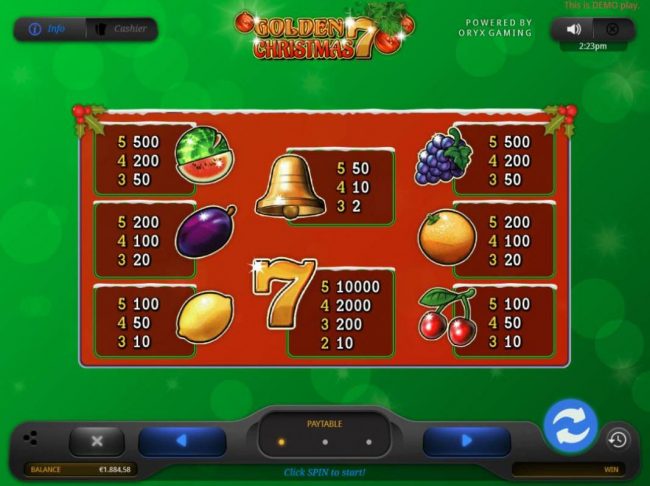 Slot game symbols paytable.