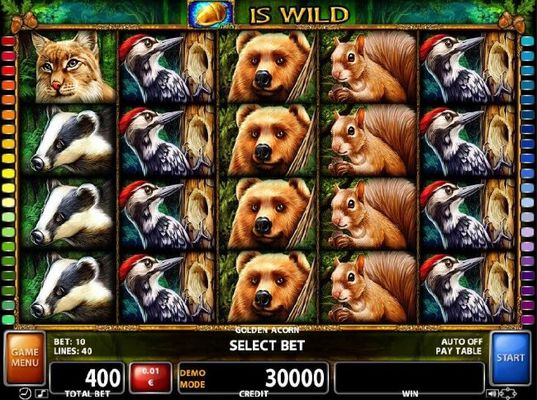 A forest woodland themed main game board featuring five reels and 40 paylines with a $200,000 max payout