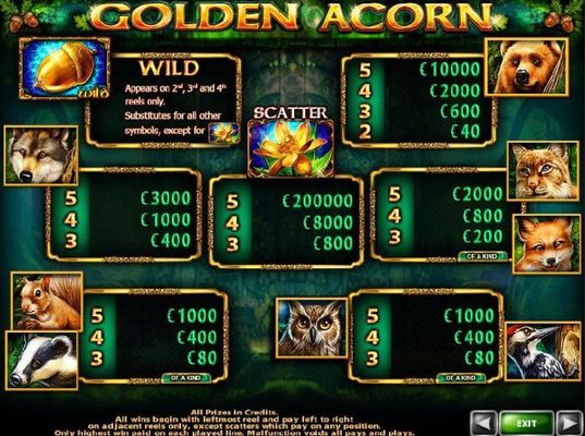 Slot game symbols paytable featuring woodland animal inspired icons.