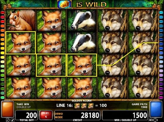 red Fox symbols align on reels 1, 2 and 3 to form multiple winning paylines laeading to a 1500 coin jackpot win.