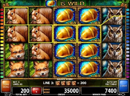 Stacked Acorn Wild symbols trigger a 7400 coin super payout.