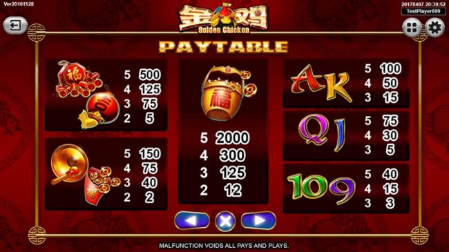 Slot game symbols paytable.