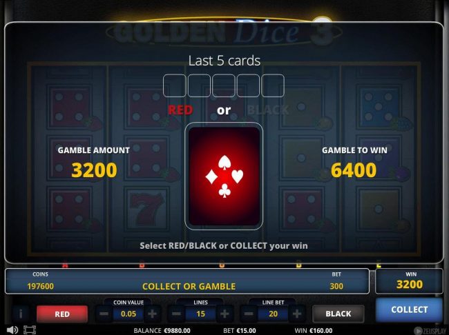 Gamble Feature Rules - The feature is available after each winning spin. Last win amount becomes your stake in the Gamble game. Your goal is to guess the color or suit of the next card.