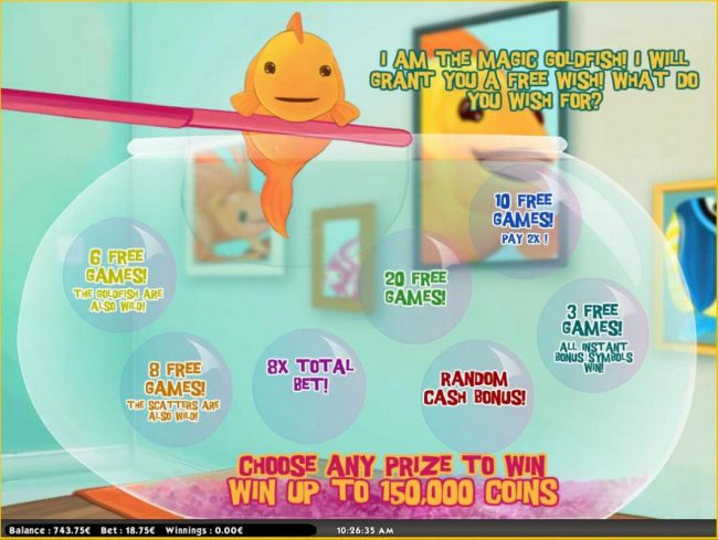 Gold Fish Bonus Round - Choose any prize to win up to 150,000 coins.