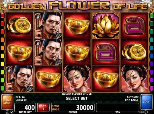 An Asian themed main game board featuring five reels and 20 paylines with a $450,000 max payout