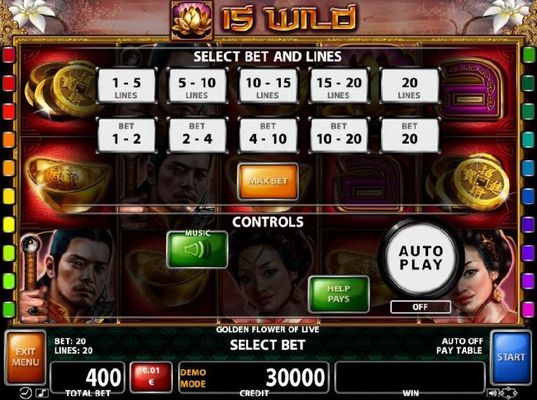 Select Bet and Lines - 1 to 20 Lines and 1 to 20 coins per line.
