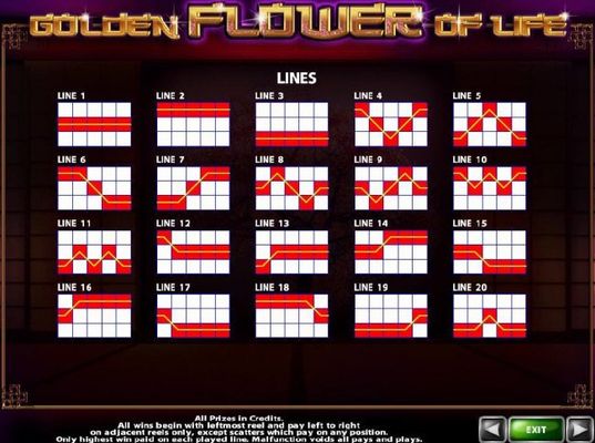 Payline Diagrams 1-20. All wins begin with the leftmost reel and pay left to right on adjacent reels only, except scatters which pay on any position.