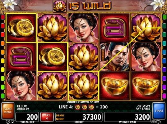 Multiple winning paylines triggered by gold lotus flower wild symbol