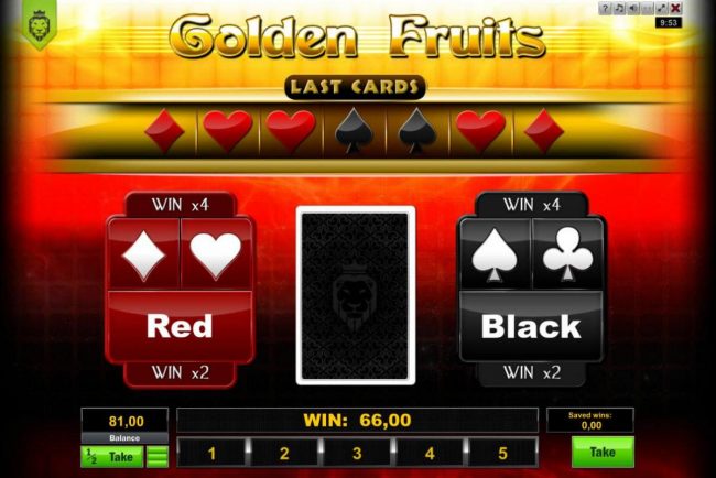 Gamble Feature - To gamble any win press Gamble then select Red or Black or Suit