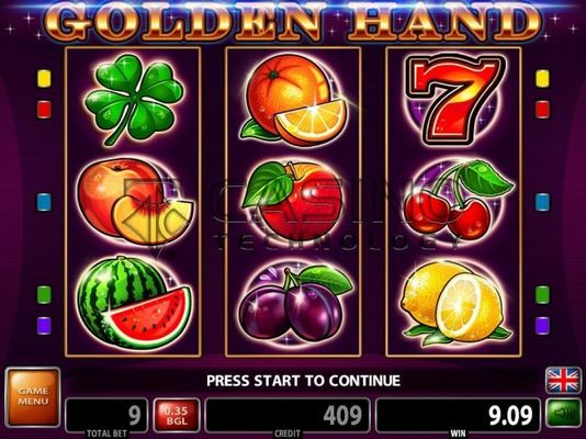 A fruit themed main game board featuring three reels and 5 paylines with a $10,000 max payout