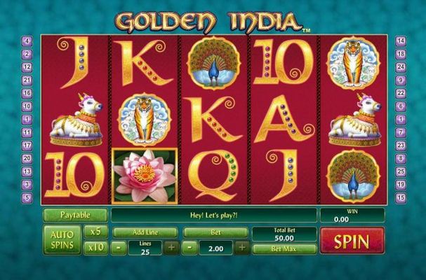 An Indian princess themed main game board featuring five reels and 20 paylines with a $400 max payout.