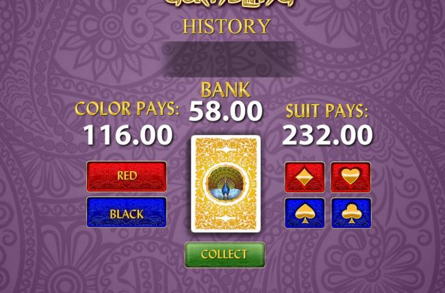 Gamble Feature - To gamble any win press Gamble then select the color or suit of the next card..