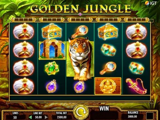 An Indian jungle themed main game board featuring five reels and 50 paylines with a $250,000 max payout
