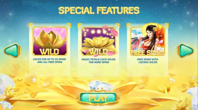Special Features - Wild locks for up to 10 spins and all free spins. magic petals lock wilds for more spins.  Free Spins with locked wilds.