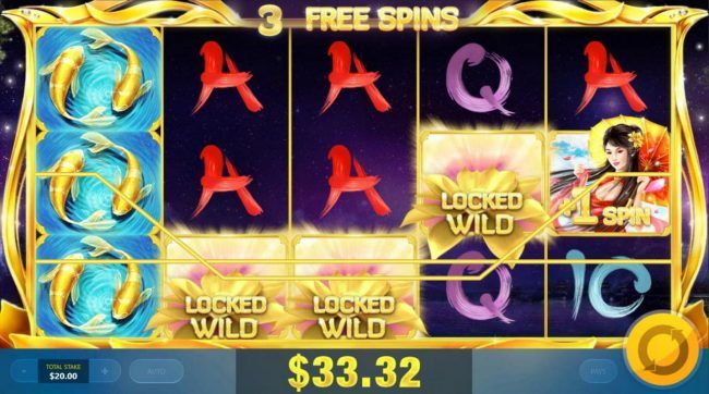 Stacked koi fish on reel one along with locked wilds and an additional free spin awarded.