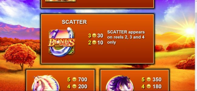 Horseshoe Bonus is the games scatter symbol and appears on reels 2, 3 and 4 only.