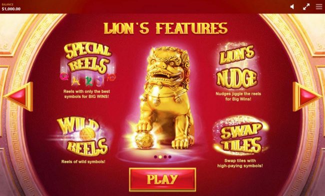 Lions features include: Special Reels, Wild Reels, Lions Nudge and Swap Tiles.