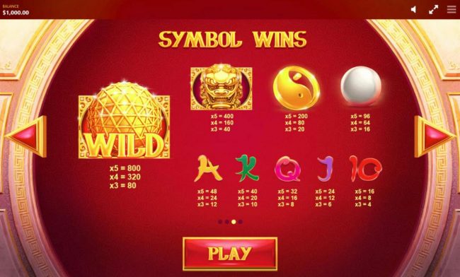 Slot game symbols paytable featuring Asian inspired icons.