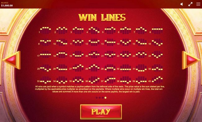 Payline Diagrams 1-40. All wins are paid when a symbol matches a payline pattern from the leftmost side of the reels.