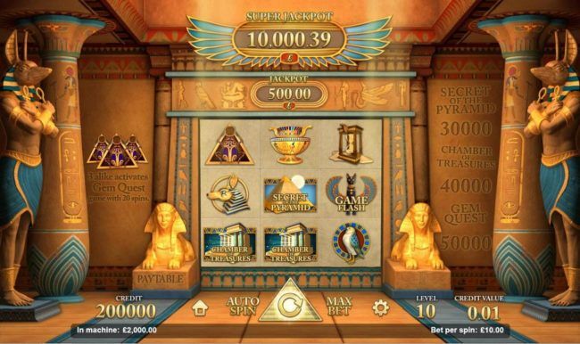 An Egyptian pharaoh themed main game board featuring nine reels and 1 payline with a progressive jackpot max payout