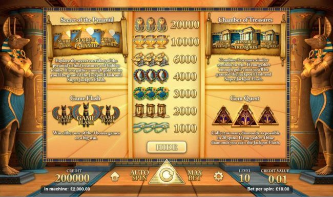 Slot game symbols paytable featuring ancient Egyptian themed icons.