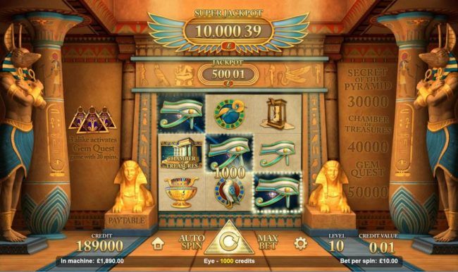 A winning Three of a Kind triggers a 1000 coin big win! Winning symbols are removed from the reels and new symbols drop in place.