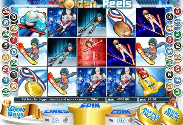 A Winter Olympics sports themed main game board featuring five reels and 30 paylines with a $100,000 max payout.