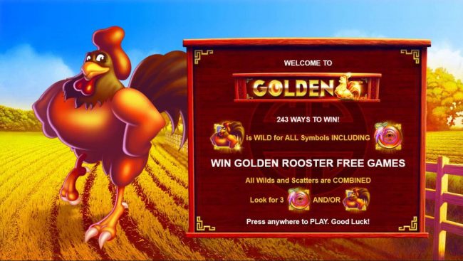 Game features include: 243 ways to win, Win Golden Rooster Free Games, All wilds and Scatters are combined.