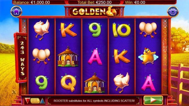 A chicken farm themed main game board featuring five reels and 243 ways to win with a $250,000 max payout