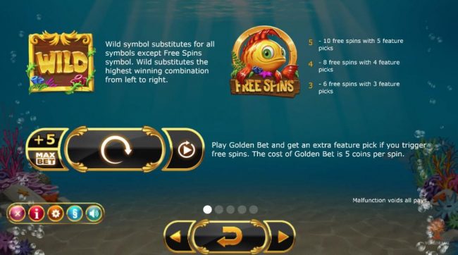 Wild and Scatter symbols paytable. Play Golden Bet and get an extra feature pick if you trigger free spins.