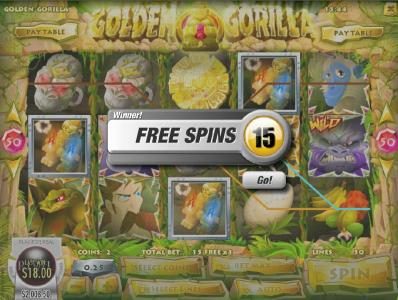 Three gold gorilla icons awards 15 free spins.