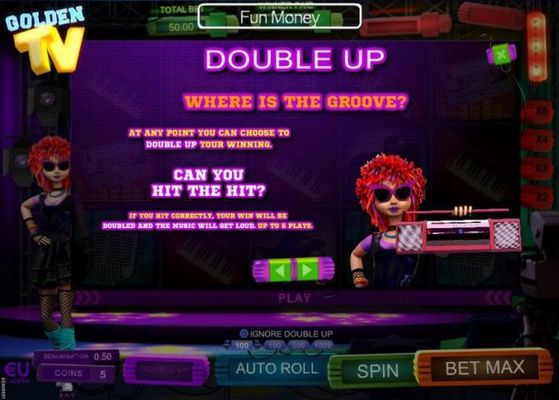Double Up feature - Where is the groove? At any point you can choose to Double Up your winnings. If you hit correctly, your win will be doubled and the music will get loud. Up to 5 plays.