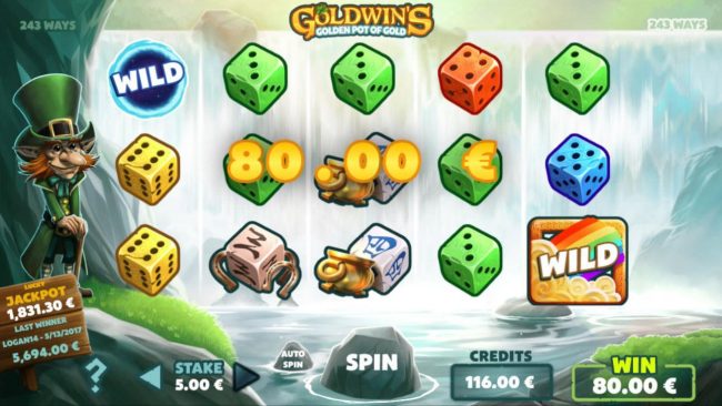 wilds trigger a winning combination of green dice leading to an 80.00 payout.