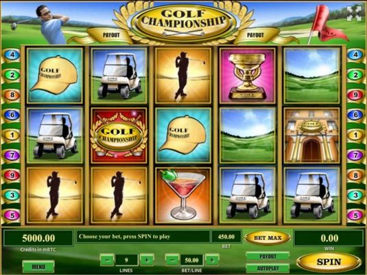 A golf tournament themed main game board featuring three reels and 9 paylines with a $500,000 max payout