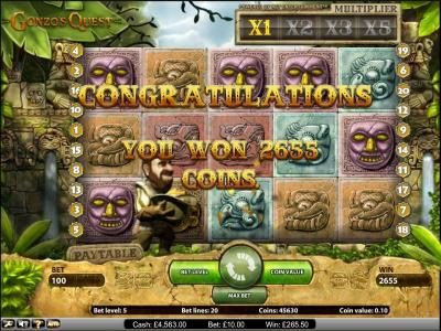 Gonzo's Quest slot game you won 2655 coins during the free spins feature