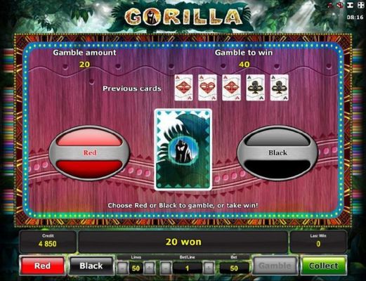 Gamble feature game board is available after every winning spin. For a chance to increase your winnings, select the correct color on the next card or take win.